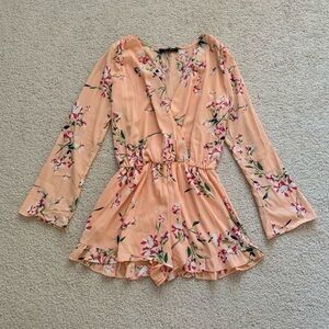 Floral Peach Long-Sleeve Tie-Waist Peplum Top